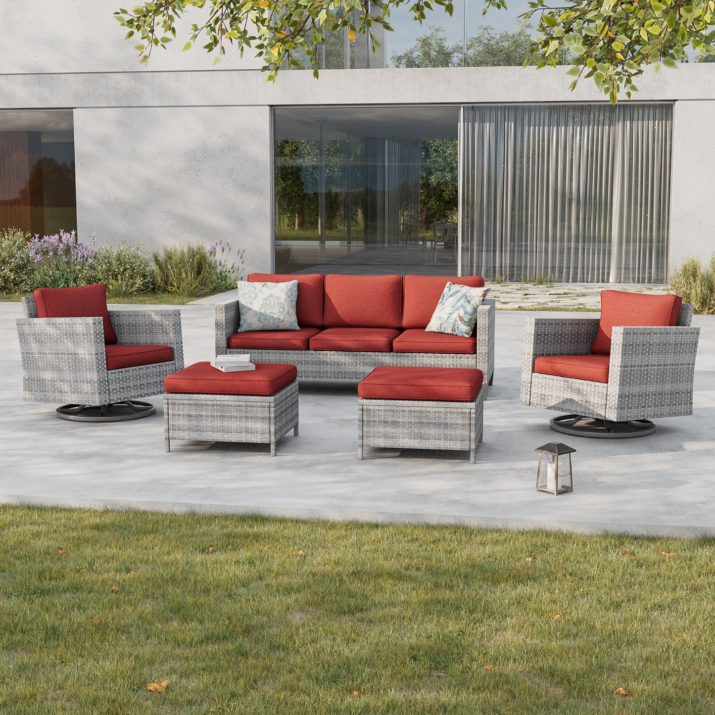 BONOSUKI 5 pezzi set di mobili da giardino girevoli e dondolo in rattan grigio