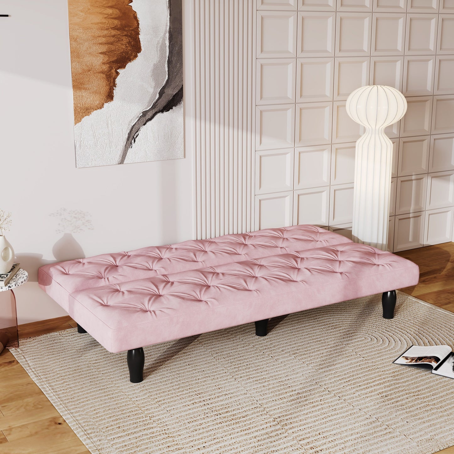 Divano letto a 3 posti in velluto rosa baby con struttura in legno