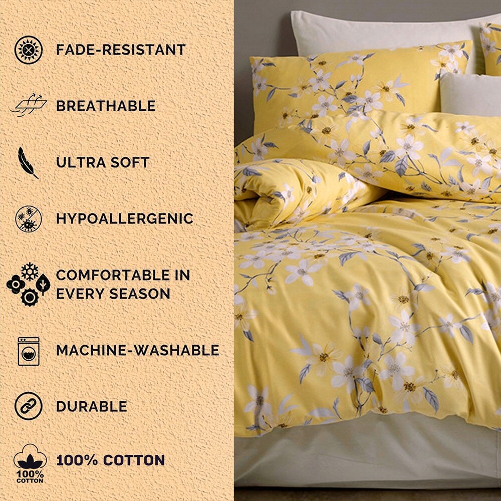 Set copripiumino in cotone giallo e grigio Bahar Cherry Blossom