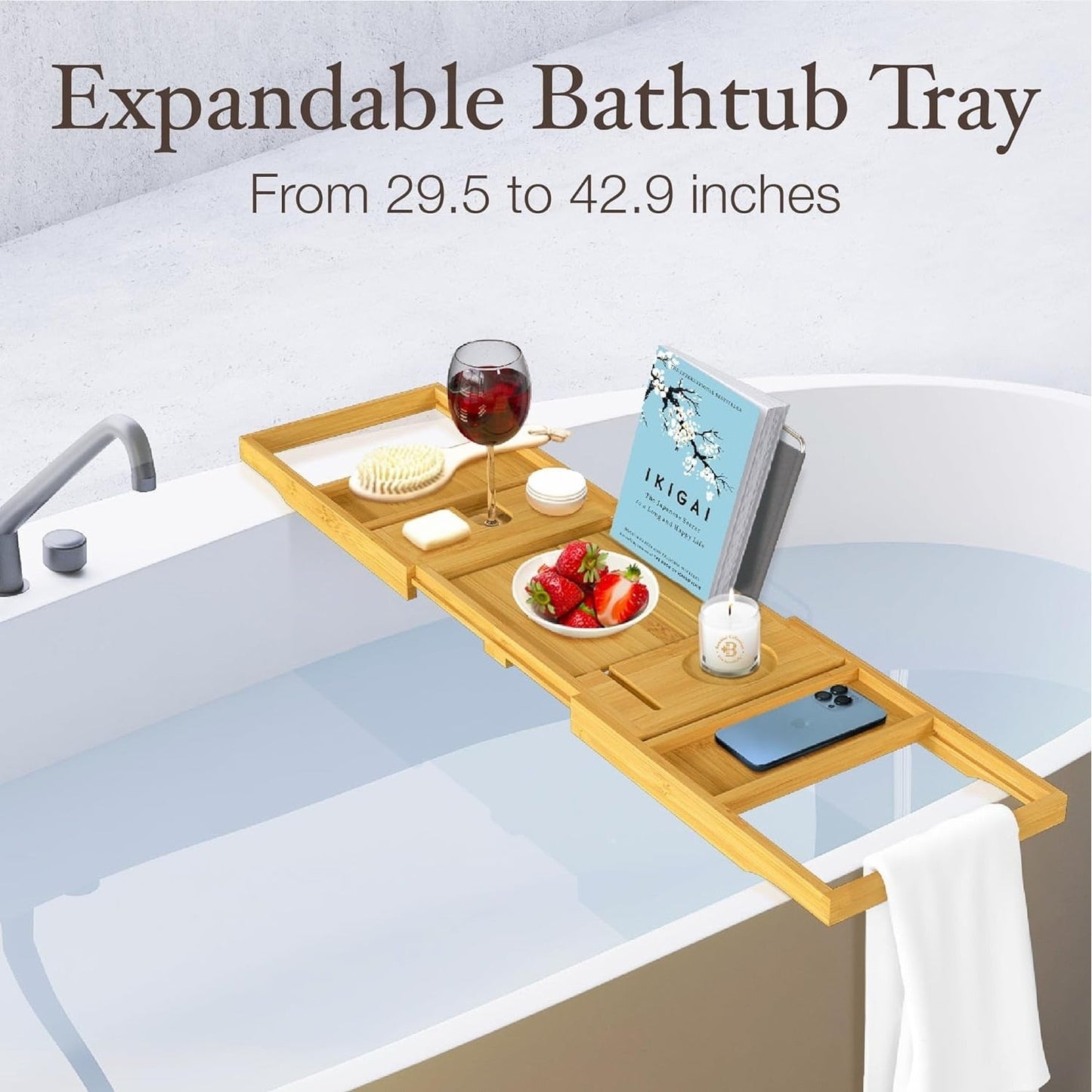 Vassoio per vasca da bagno in bambù - Vassoio espandibile per vasca, porta libri e tablet - Tavolo da bagno, vassoio per vasca, portaoggetti per vasca, design pieghevole