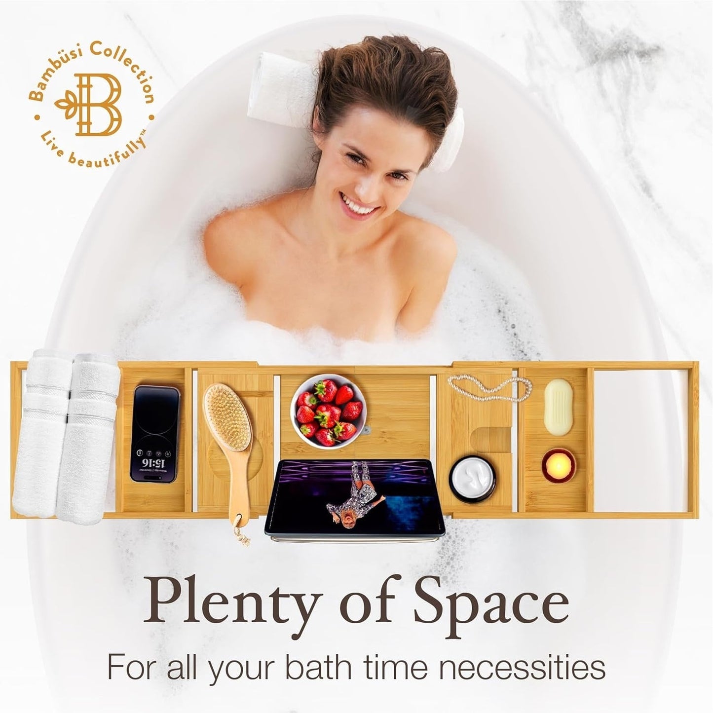 Vassoio per vasca da bagno in bambù - Vassoio espandibile per vasca, porta libri e tablet - Tavolo da bagno, vassoio per vasca, portaoggetti per vasca, design pieghevole