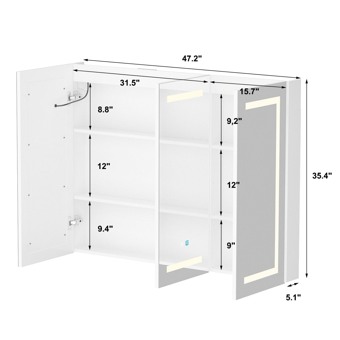 Mobiletto per medicinali da bagno con specchio LED antiappannamento 6000K, mobiletto da parete bianco