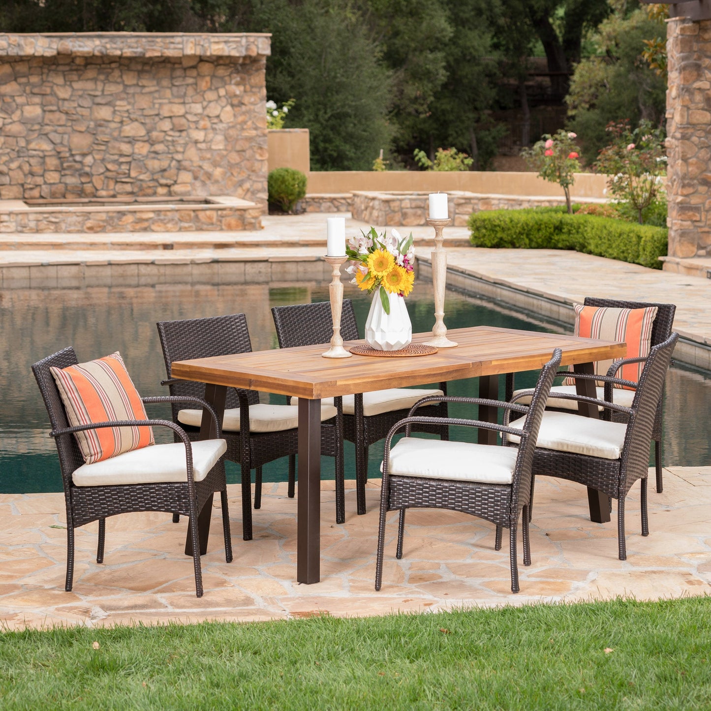 Set da pranzo per esterni Bavaro in acacia da 7 pezzi di Christopher Knight Home