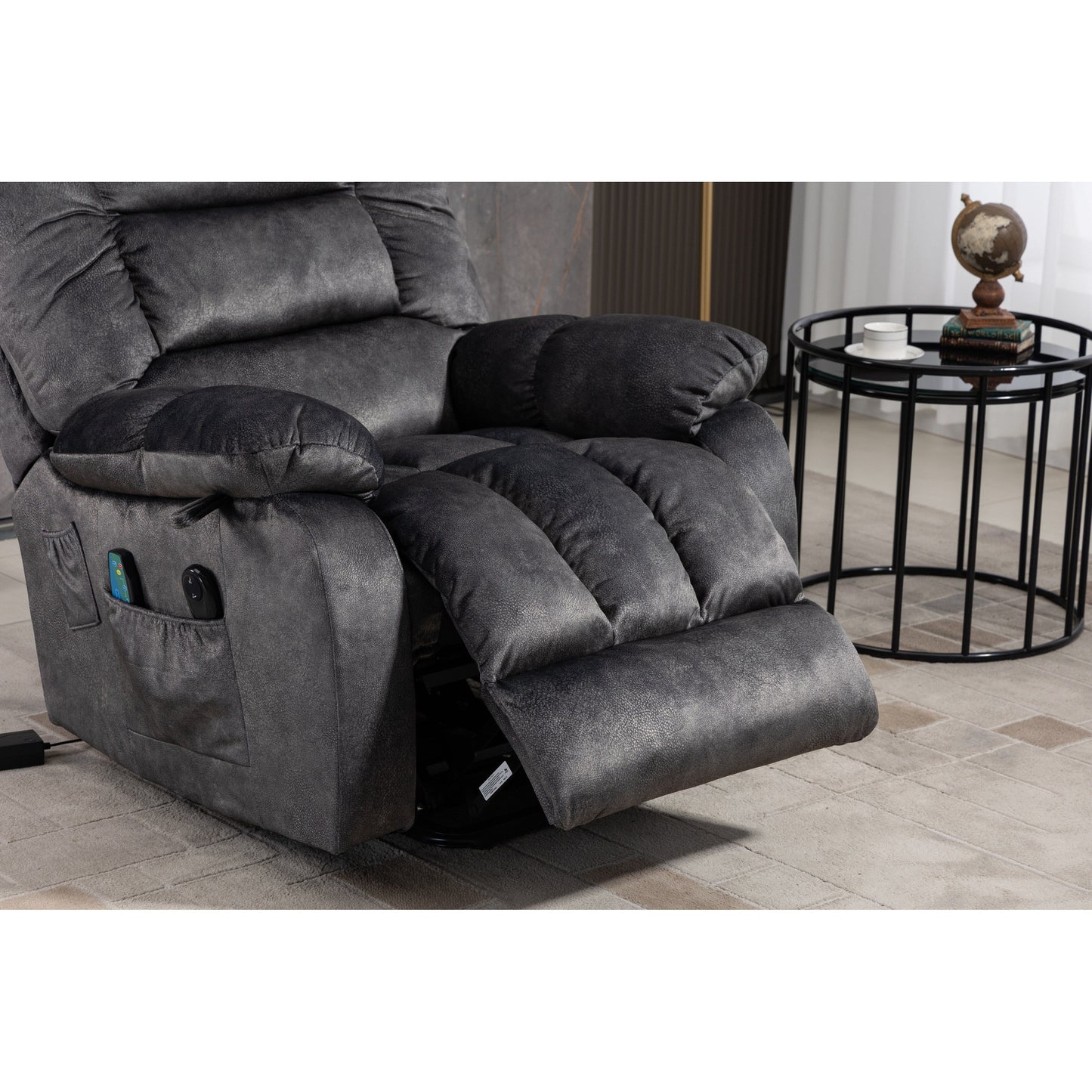 Poltrona reclinabile elettrica Beacon Grey Oversize in ciniglia con massaggio a 8 punti e riscaldamento lombare