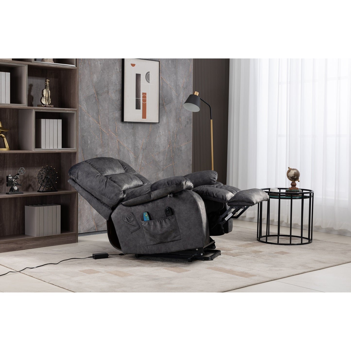Poltrona reclinabile elettrica Beacon Grey Oversize in ciniglia con massaggio a 8 punti e riscaldamento lombare