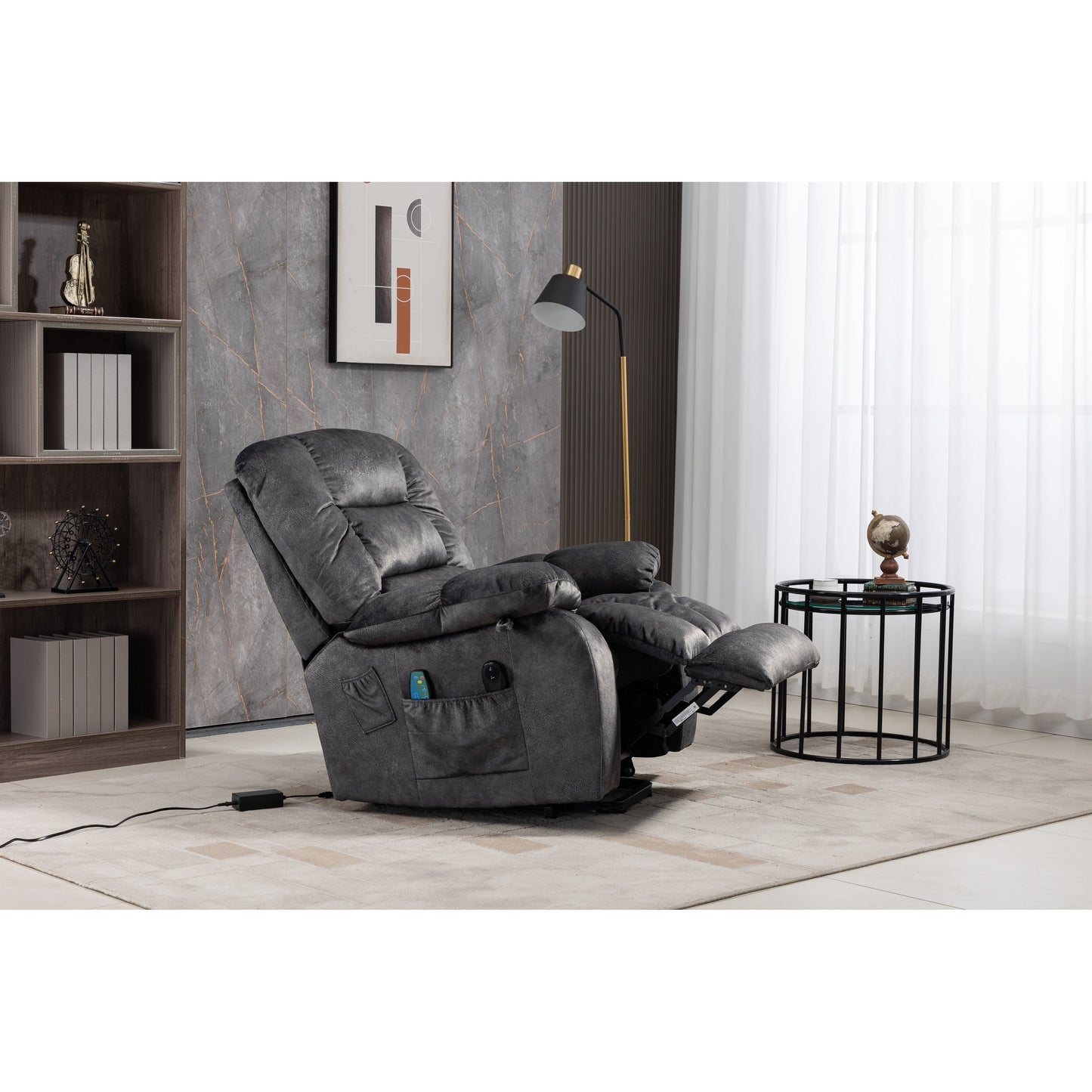 Poltrona reclinabile elettrica Beacon Grey Oversize in ciniglia con massaggio a 8 punti e riscaldamento lombare
