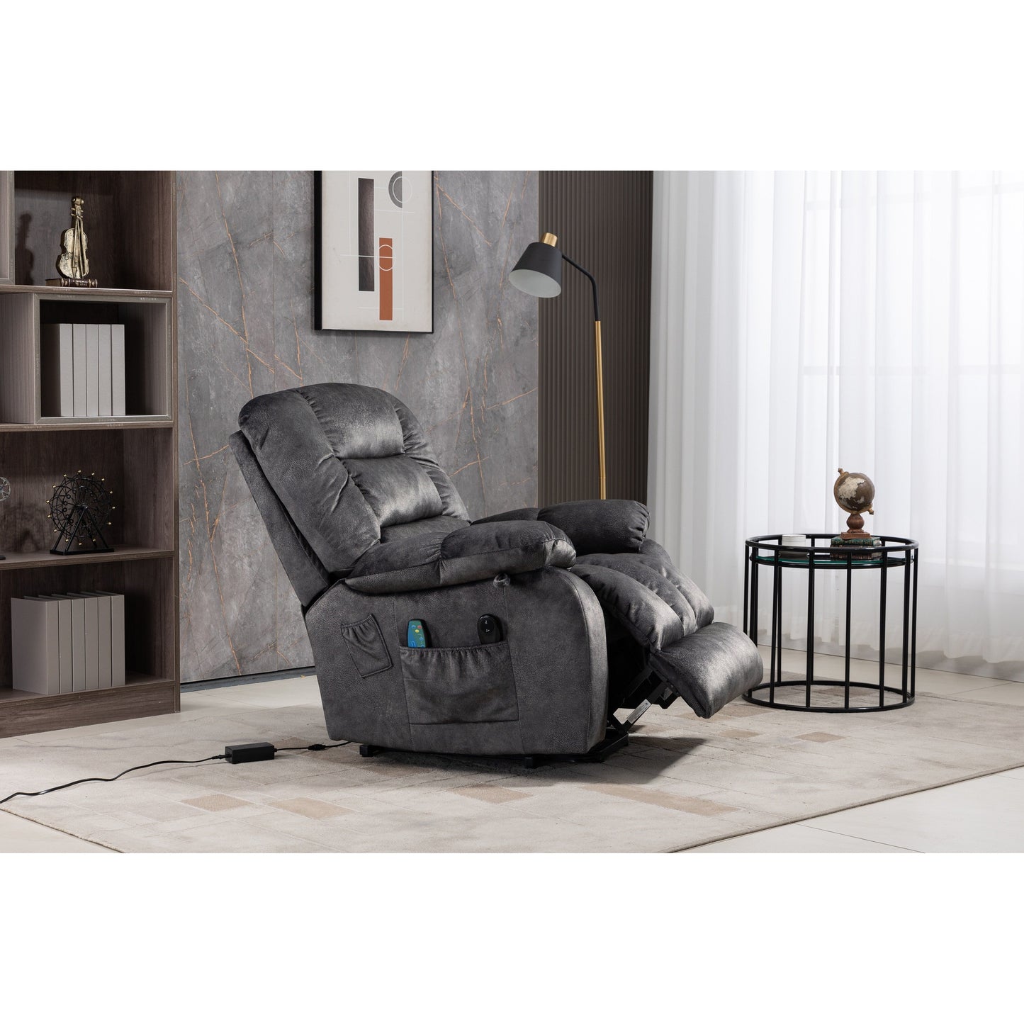 Poltrona reclinabile elettrica Beacon Grey Oversize in ciniglia con massaggio a 8 punti e riscaldamento lombare