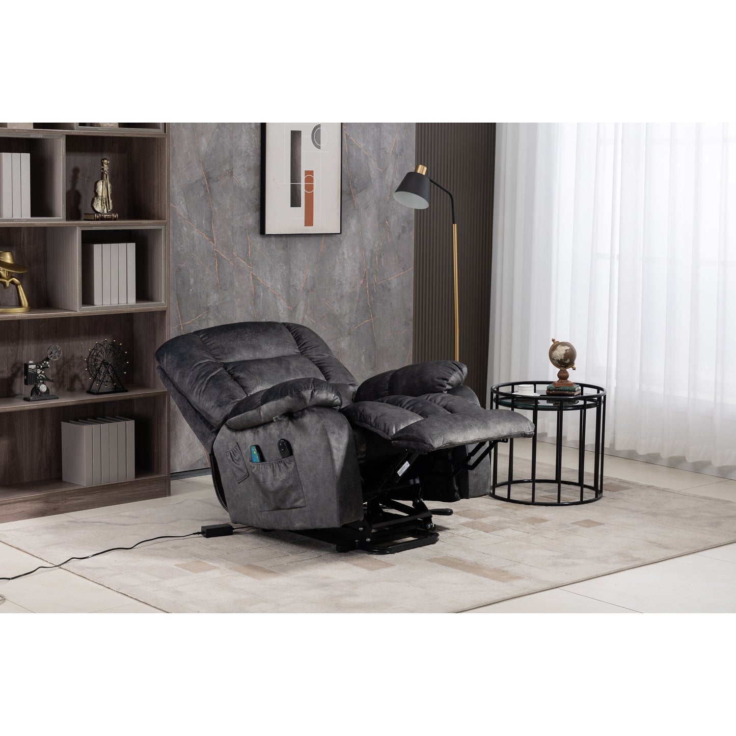 Poltrona reclinabile elettrica Beacon Grey Oversize in ciniglia con massaggio a 8 punti e riscaldamento lombare