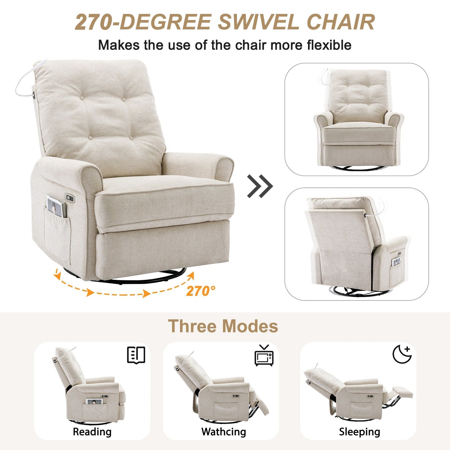 Poltrona reclinabile girevole beige a 270° con porte di ricarica USB, lampada touch, base basculante e tasca portaoggetti laterale