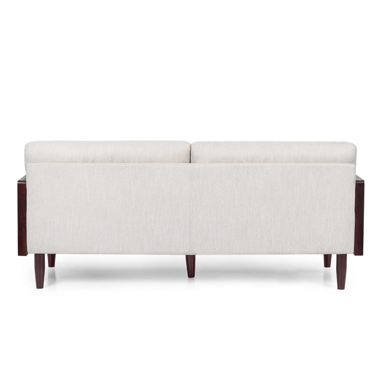 Divano beige a 3 posti con gambe in legno e struttura a vista