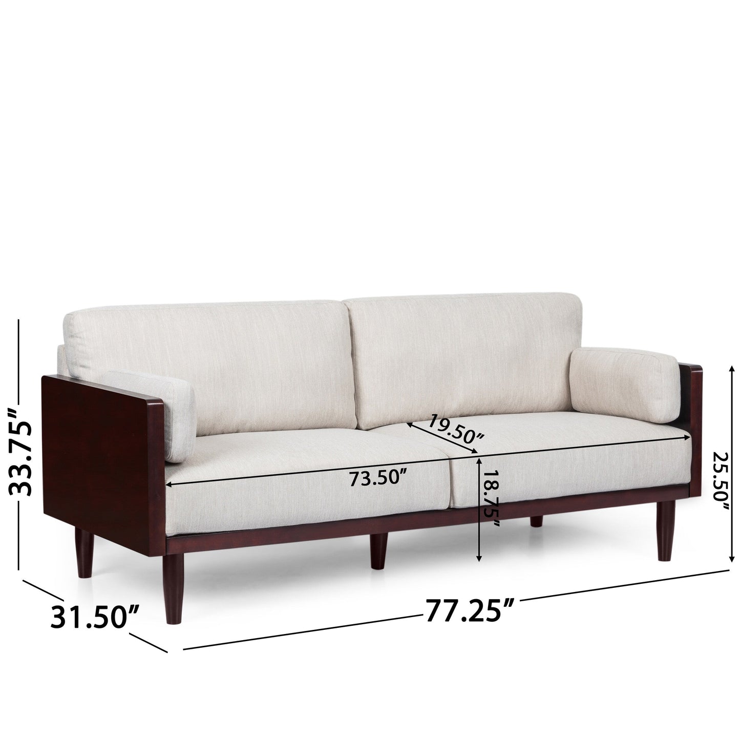 Divano beige a 3 posti con gambe in legno e struttura a vista