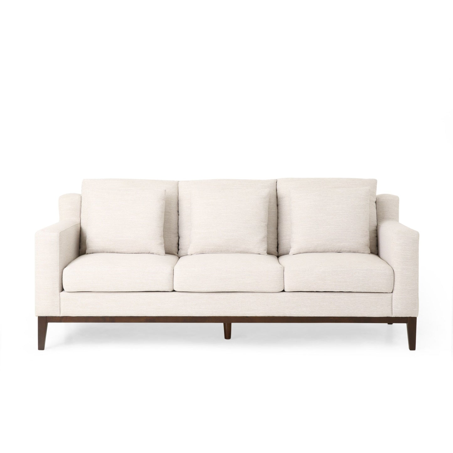 Divano beige a 3 posti con gambe in legno e cuscini coordinati