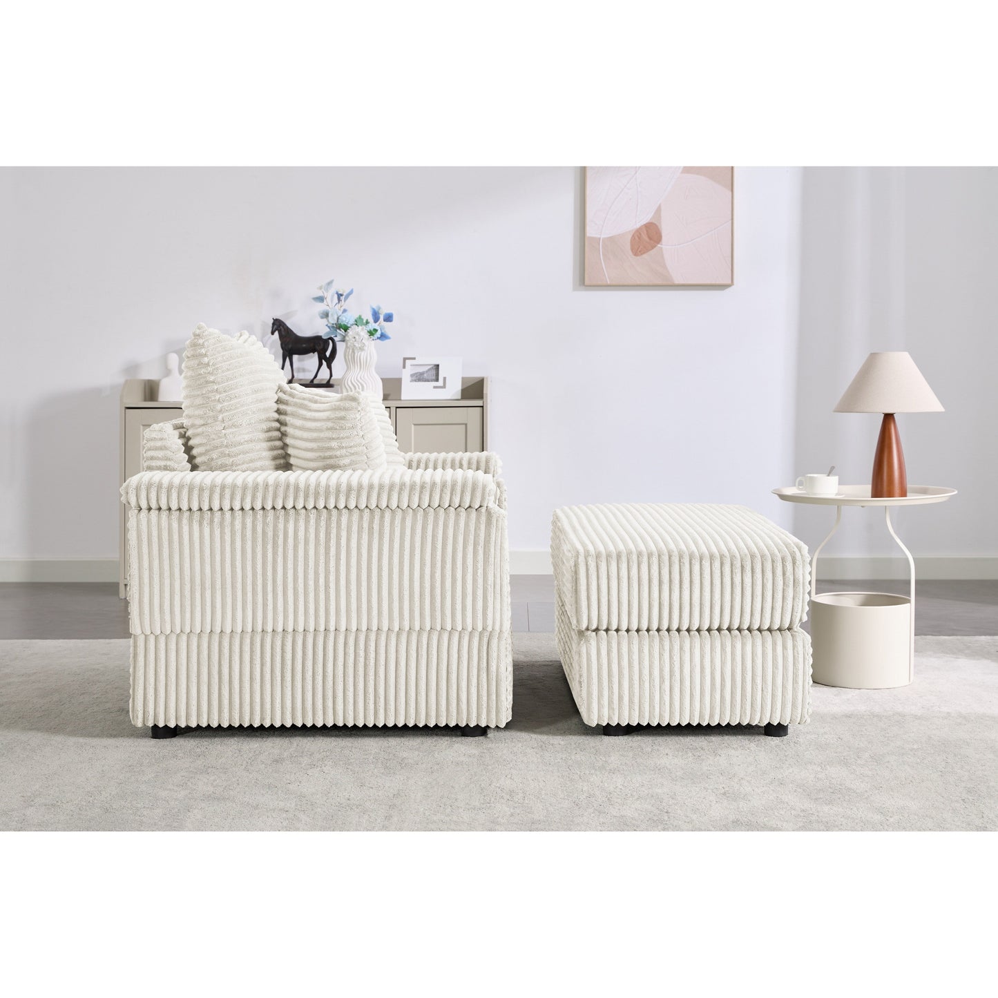 Divano letto singolo in velluto a coste beige 42,52 con seduta profonda, poggiapiedi rimovibile, bracciolo contenitore e 2 cuscini decorativi