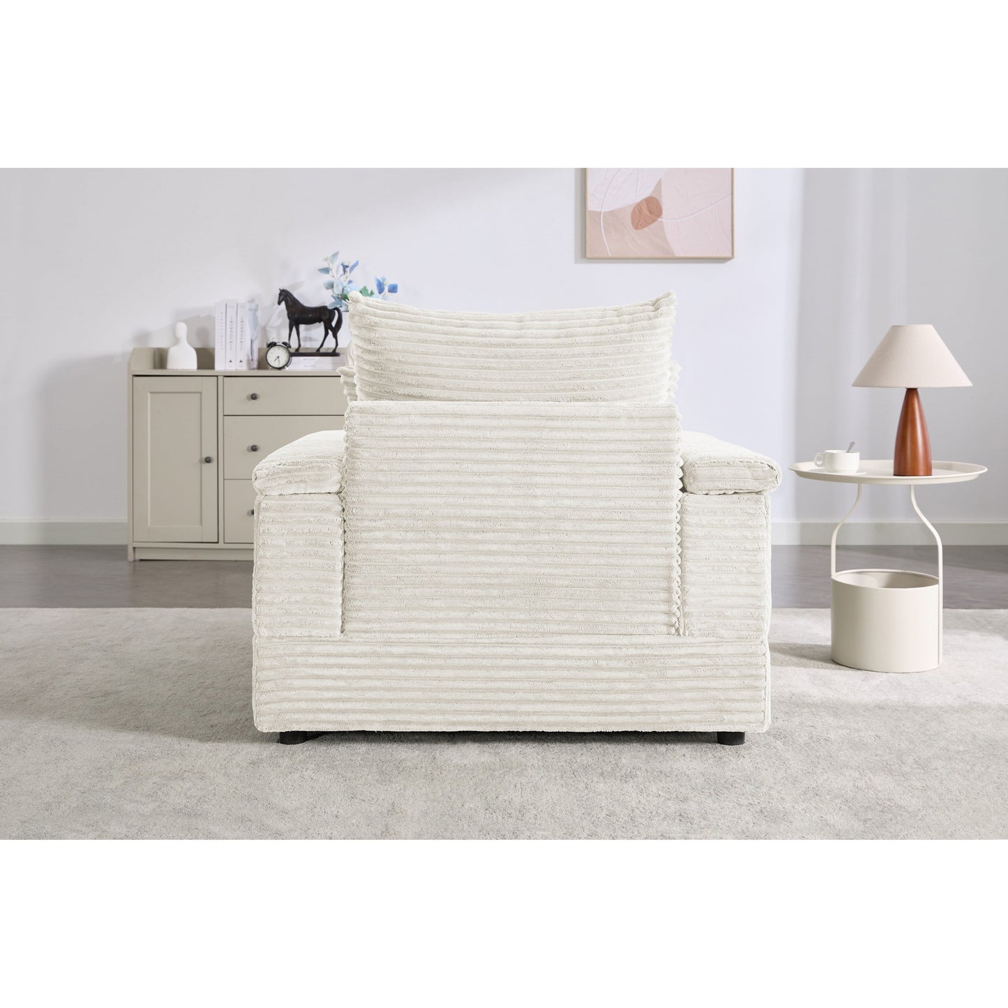 Divano letto singolo in velluto a coste beige 42,52 con seduta profonda, poggiapiedi rimovibile, bracciolo contenitore e 2 cuscini decorativi