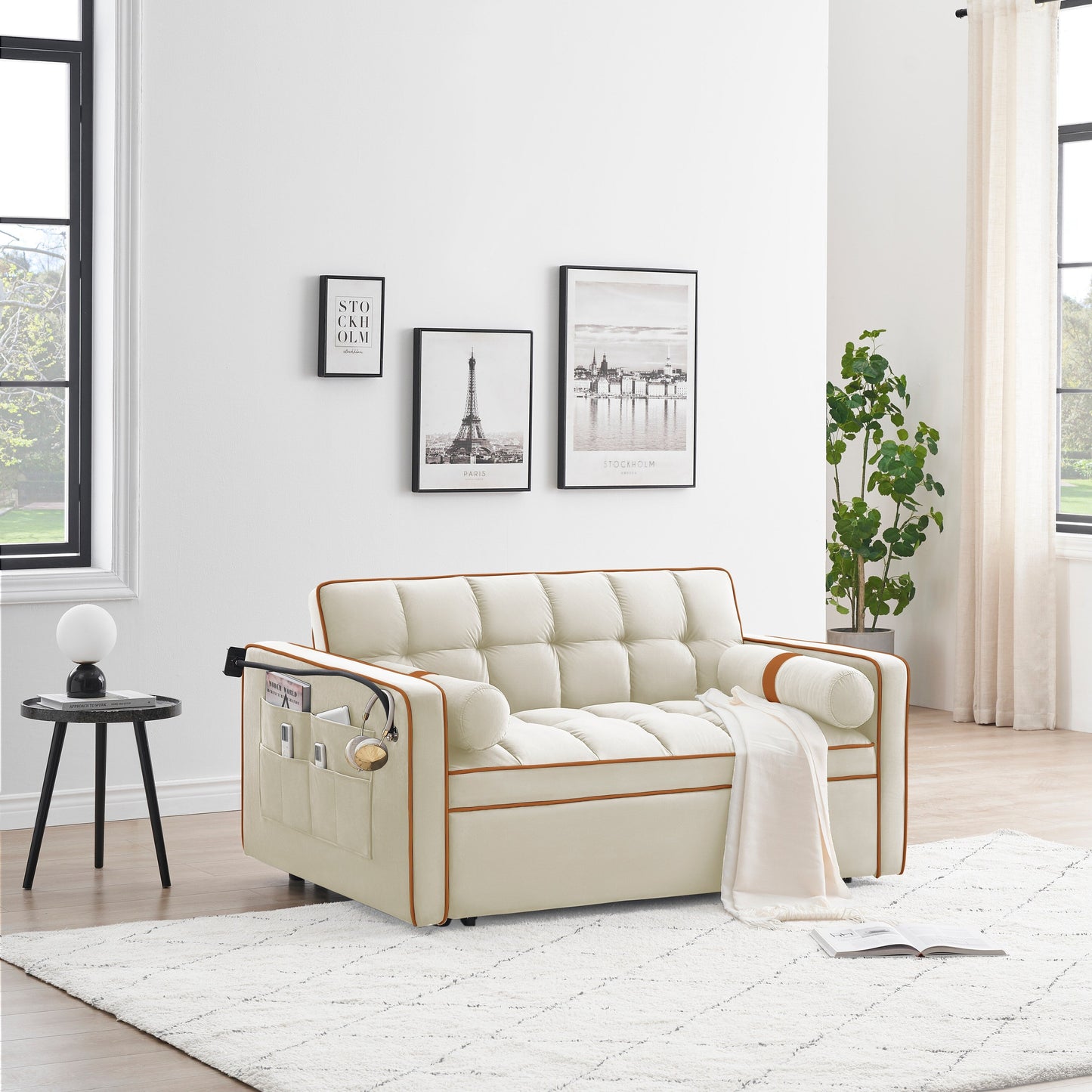 Divano letto convertibile in velluto beige da 55'' a 2 posti con reclinazione regolabile, letto estraibile, tasche laterali e porta telefono