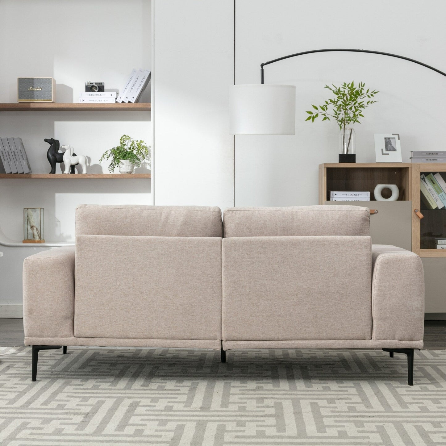 Divano grande a 2 posti in tessuto beige 74,8 con cuscini rimovibili, gambe in ferro e braccioli quadrati