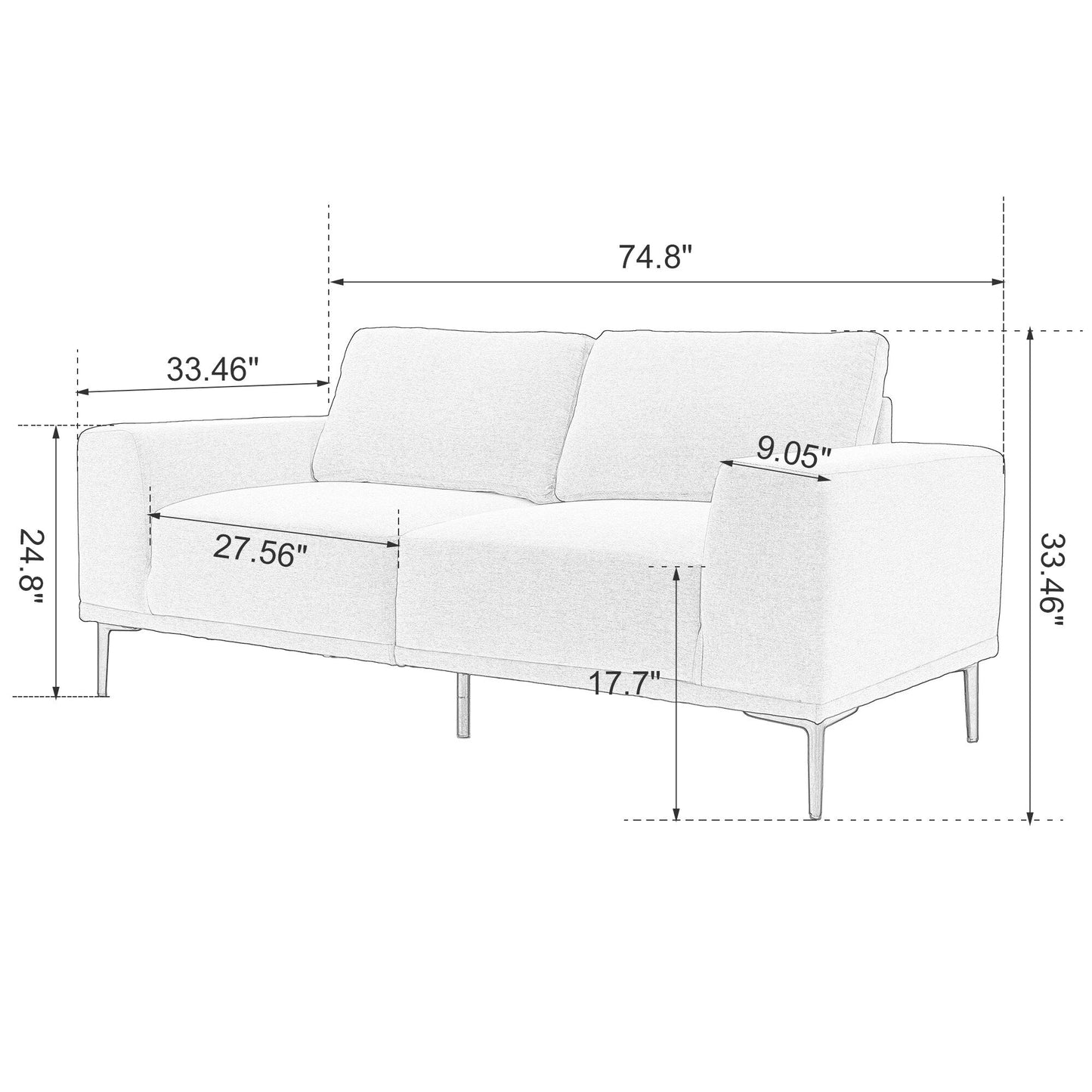 Divano a 2 posti in tessuto beige da 74,8'' con cuscini rimovibili, gambe in ferro e braccioli quadrati