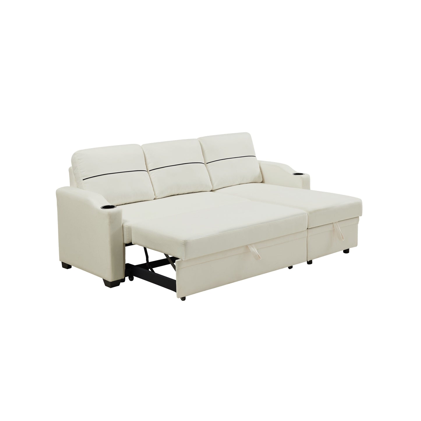 Divano a 3 posti in tessuto beige da 81,9'' con chaise longue contenitore, struttura in legno e ruote in metallo