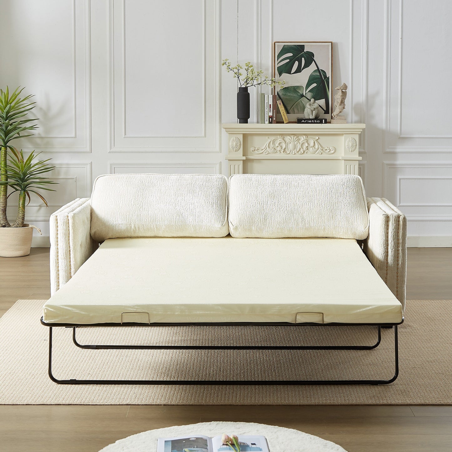 Divano letto a 3 posti beige 81 Chenille Nailheads con materasso in memory foam per soggiorno