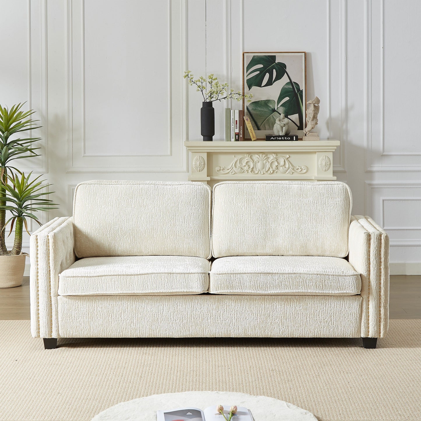 Divano letto a 3 posti beige 81 Chenille Nailheads con materasso in memory foam per soggiorno