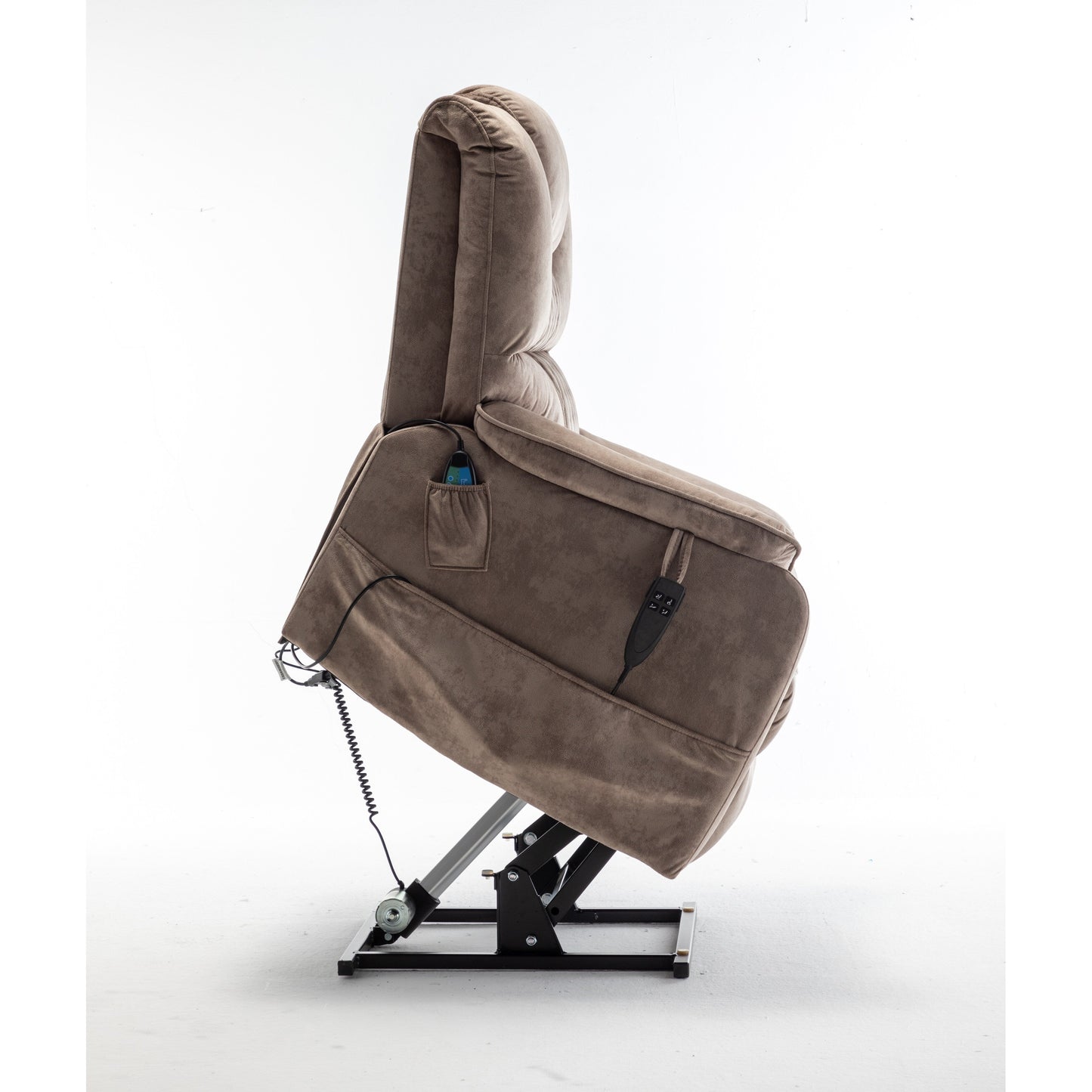 Poltrona reclinabile elettrica beige per anziani con motore OKIN, reclinazione completa di 180°, ampia seduta e tasche portaoggetti laterali