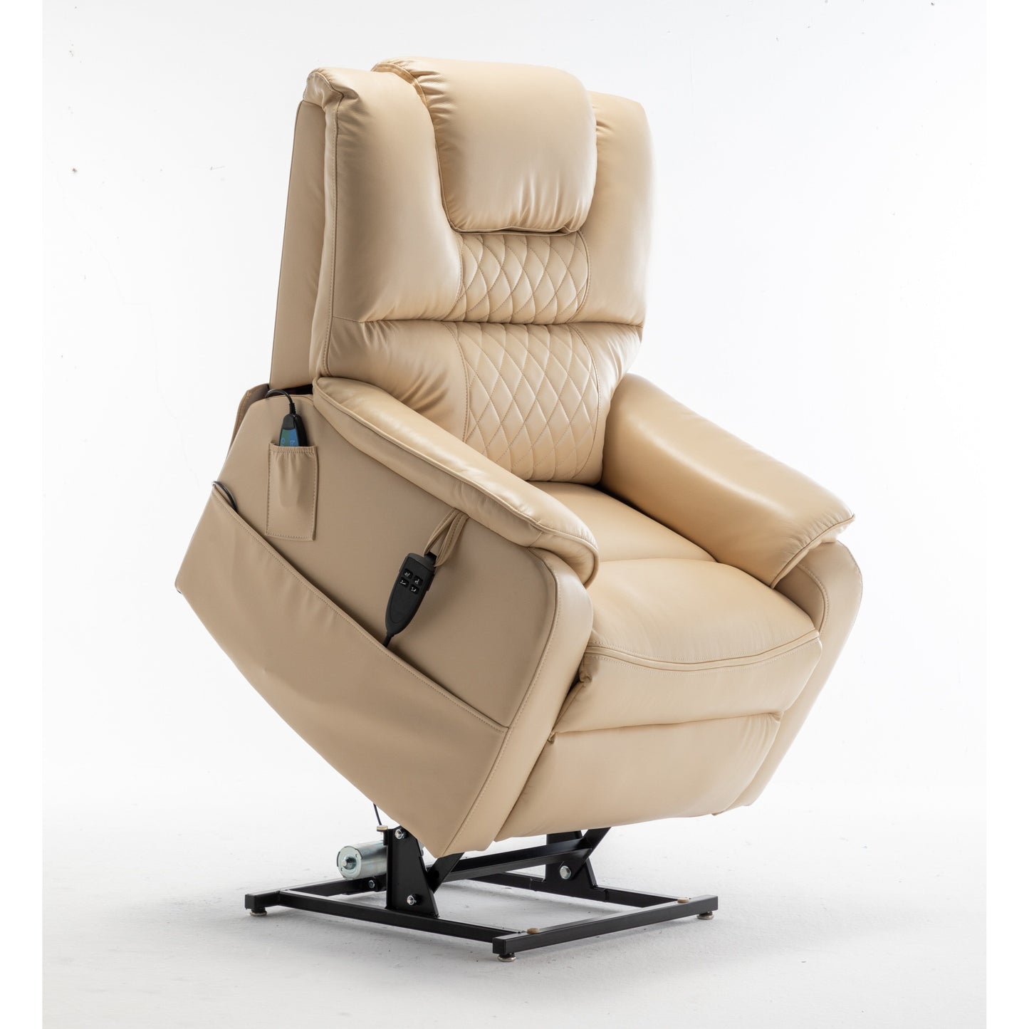 Poltrona reclinabile elettrica beige per anziani con motore OKIN, reclinazione completa di 180°, ampia seduta e tasche portaoggetti laterali