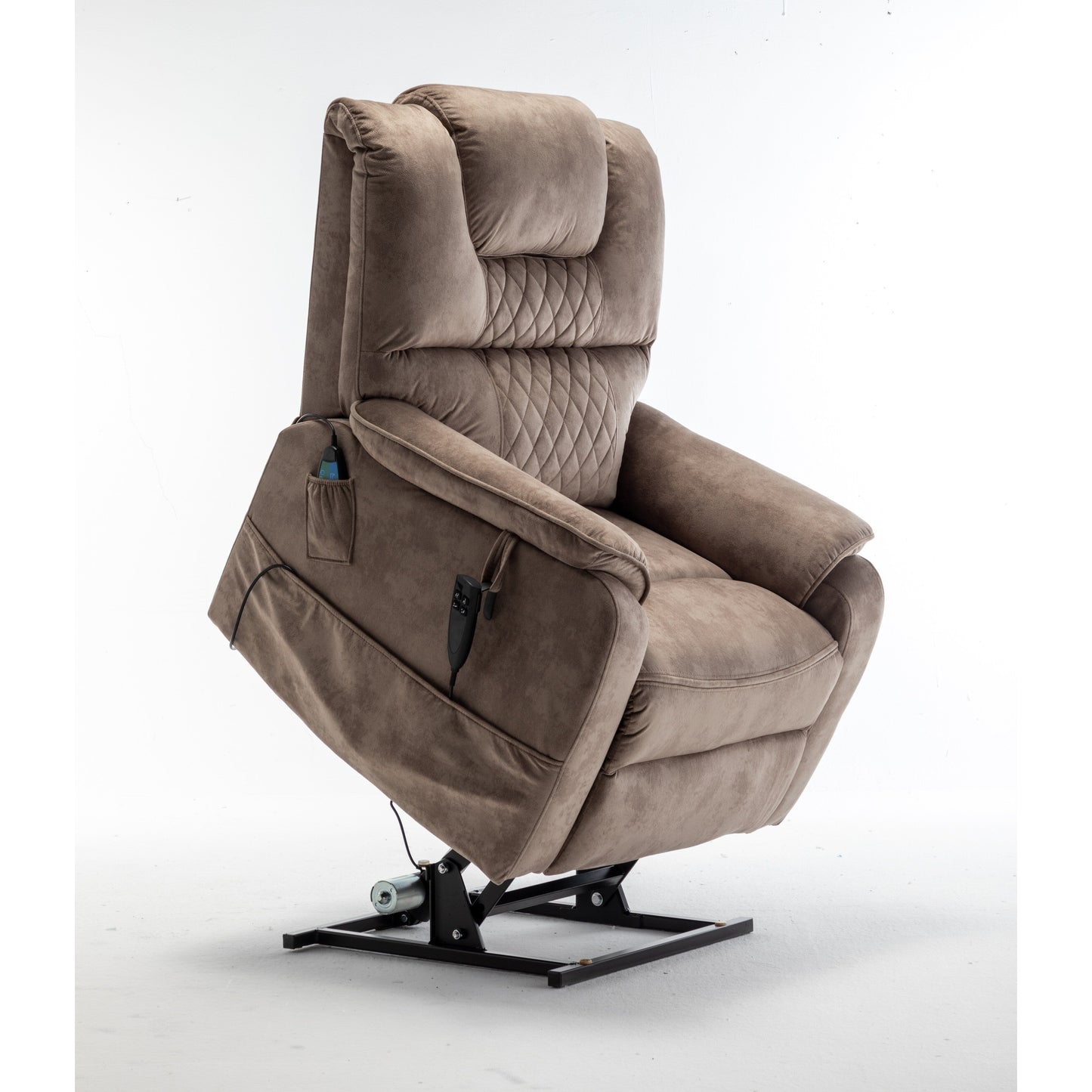 Poltrona reclinabile elettrica beige per anziani con motore OKIN, reclinazione completa di 180°, ampia seduta e tasche portaoggetti laterali