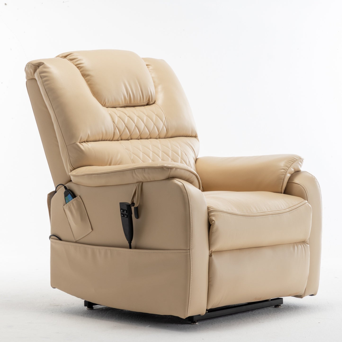 Poltrona reclinabile elettrica beige per anziani con motore OKIN, reclinazione completa di 180°, ampia seduta e tasche portaoggetti laterali