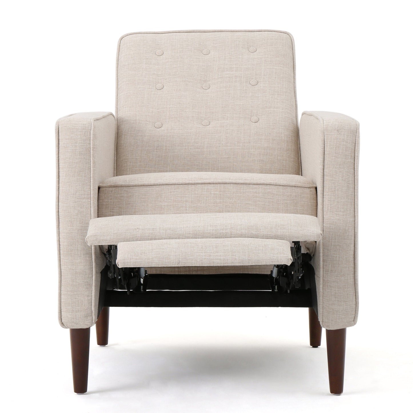 Poltrona reclinabile imbottita Mid-Century in tessuto beige con poggiapiedi, schienale con bottoni trapuntati, gambe in legno di faggio