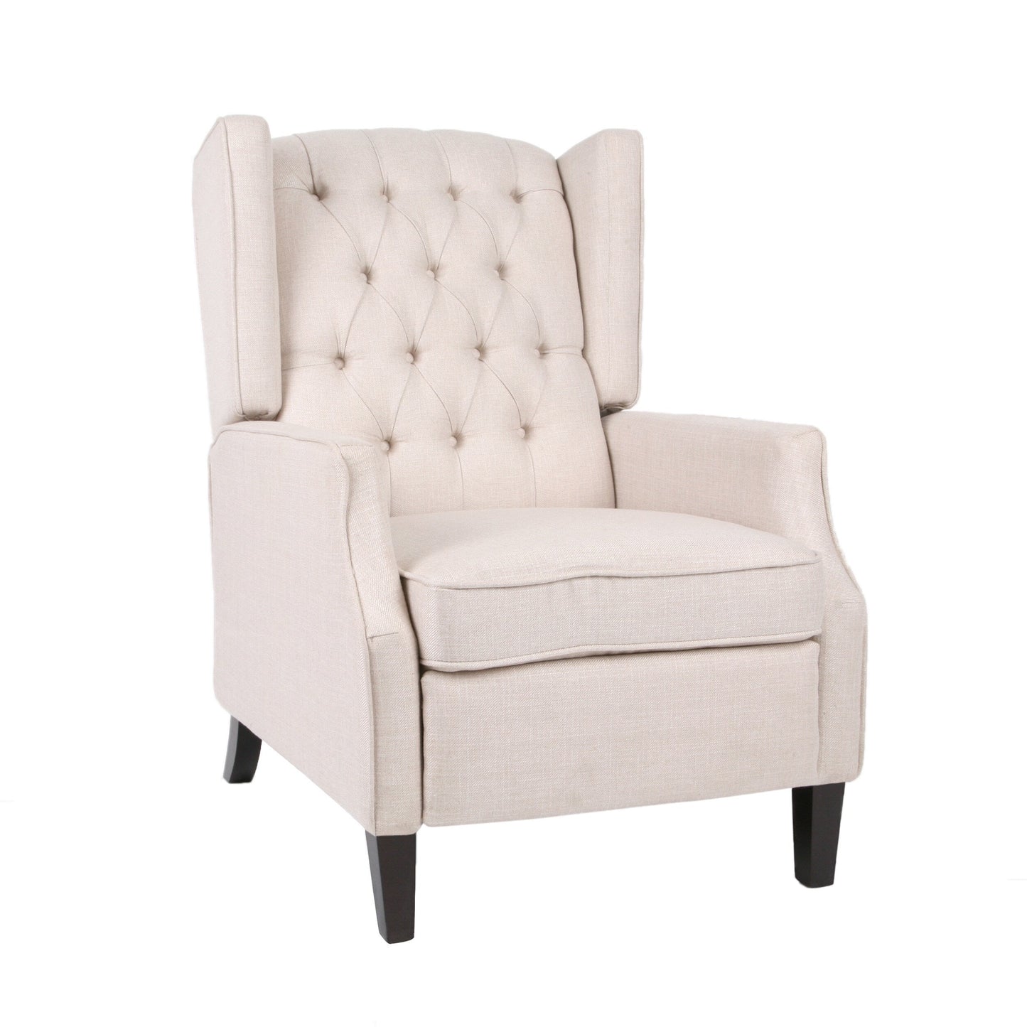 Poltrona reclinabile Mid-Century in tessuto beige con schienale a ali e poggiapiedi, schienale con bottoni trapuntati