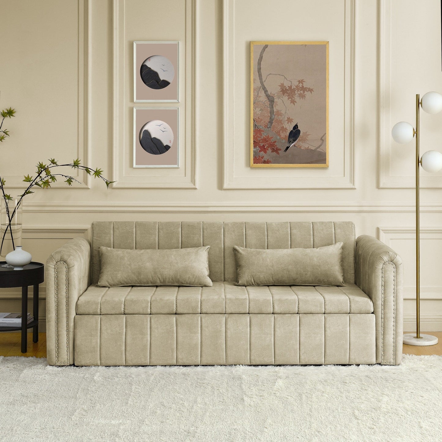 Divano letto estraibile in schiuma beige a 3 posti con cassetti