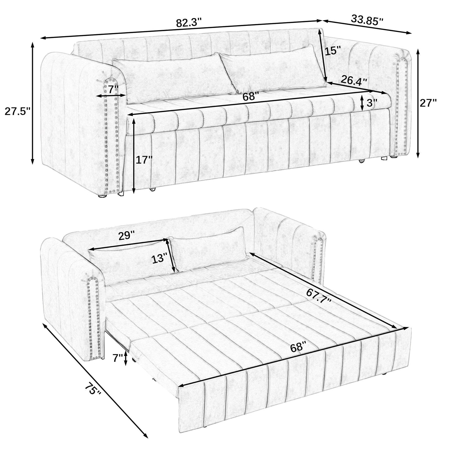 Divano letto estraibile in schiuma beige a 3 posti con cassetti