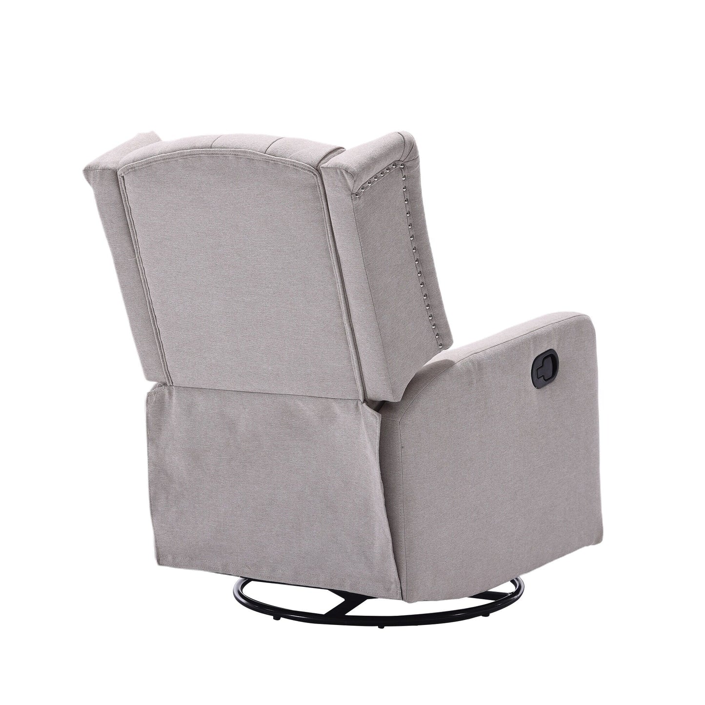 Poltrona reclinabile manuale girevole a 360° in lino beige con schienale imbottito con bottoni e poggiapiedi per soggiorno e camera da letto