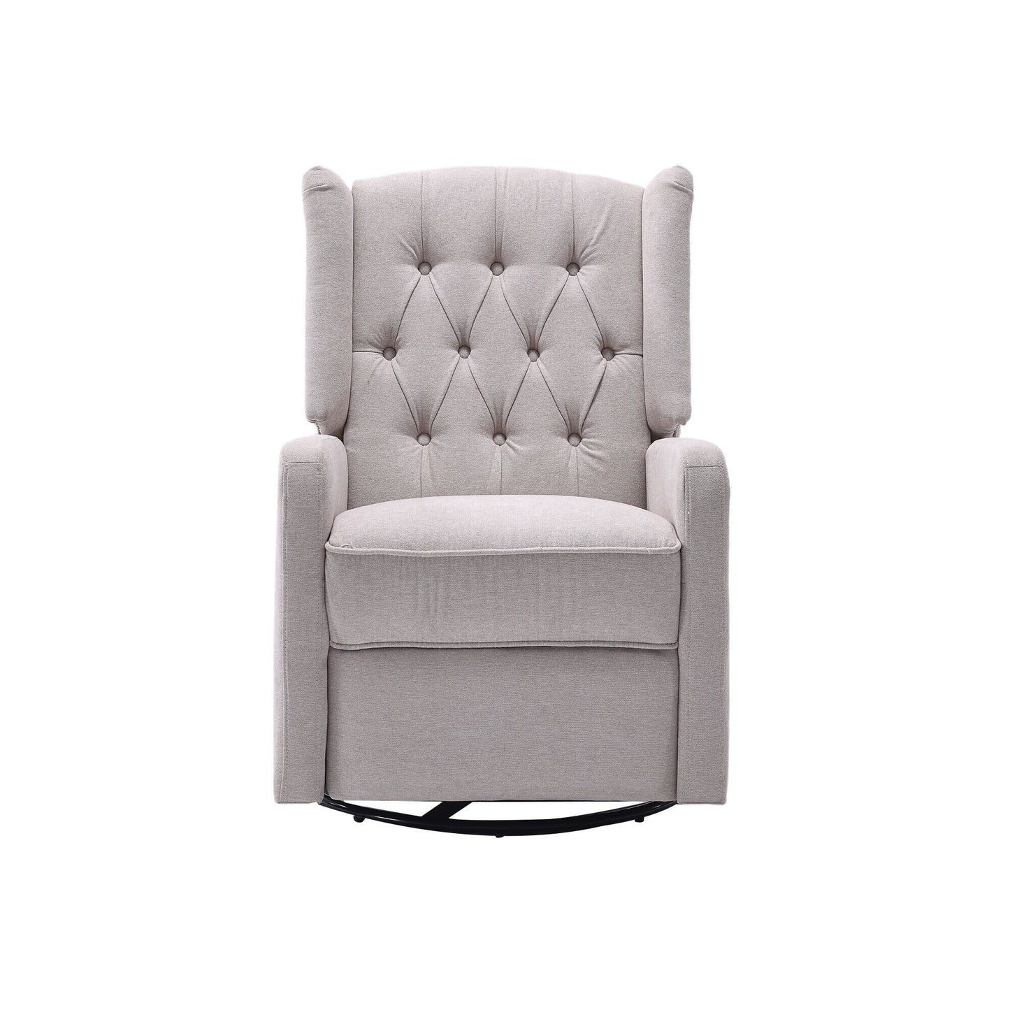 Poltrona reclinabile manuale girevole a 360° in lino beige con schienale imbottito con bottoni e poggiapiedi per soggiorno e camera da letto