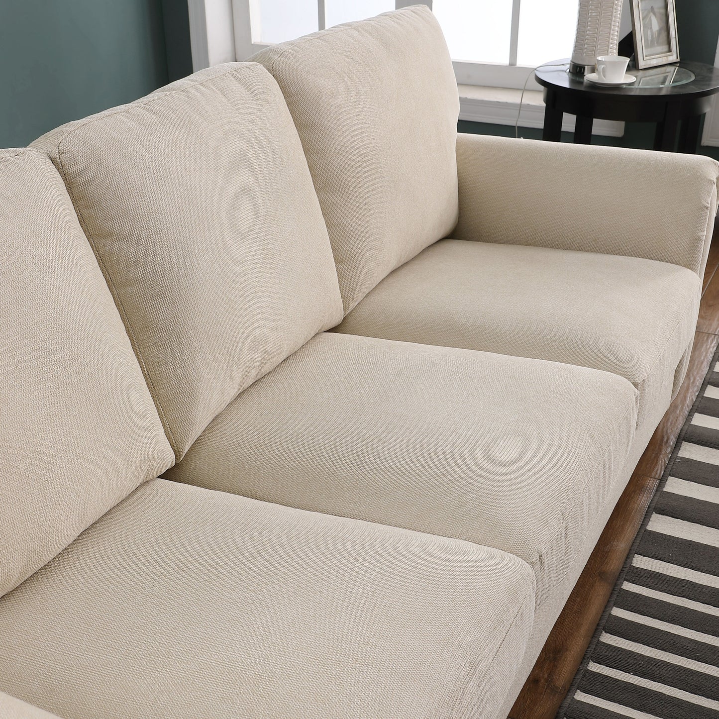 Divano moderno beige 84.6 in ciniglia a 3 posti con braccioli arrotolati e struttura in legno massello per soggiorno