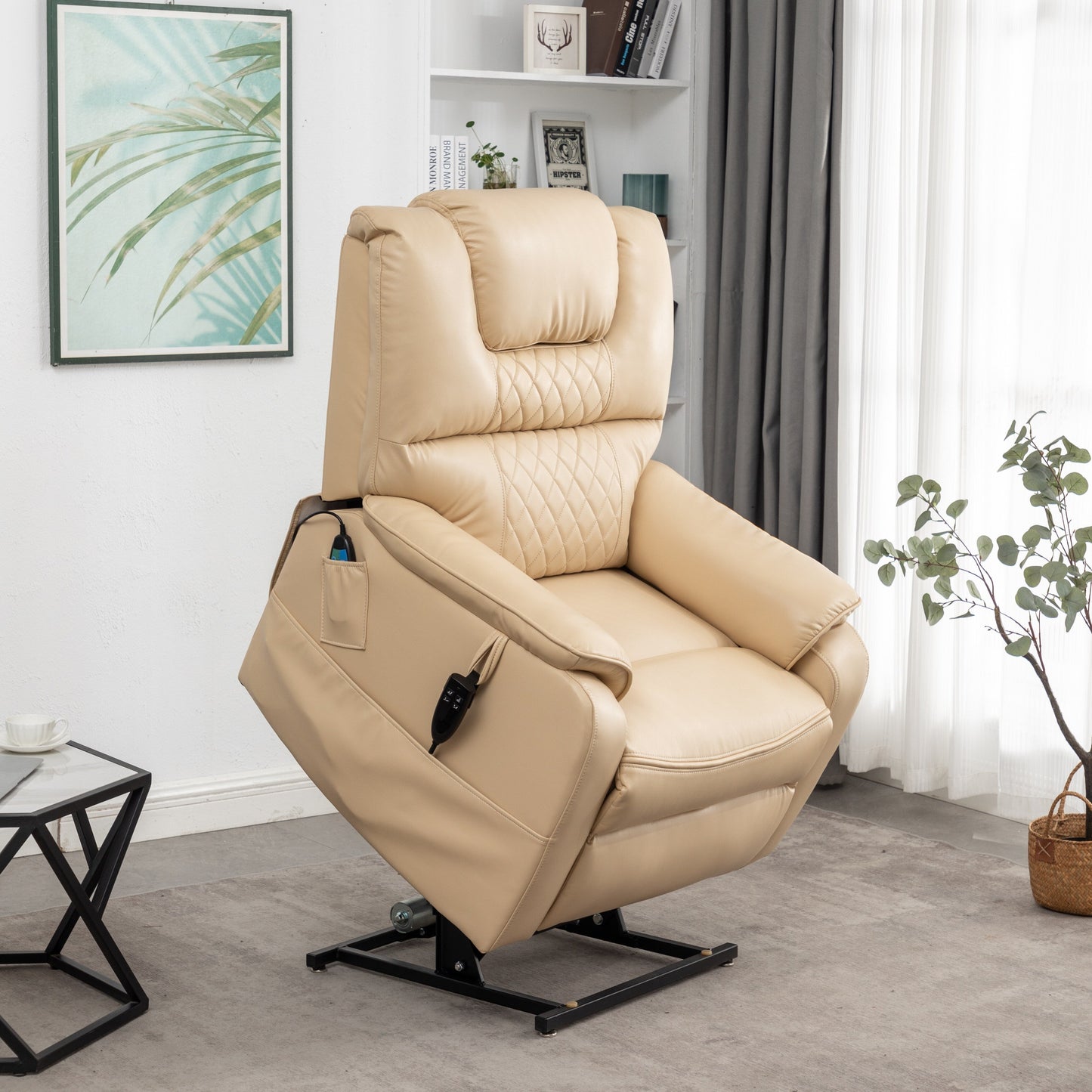 Poltrona reclinabile elettrica in pelle PU beige, massaggio, posizione piatta