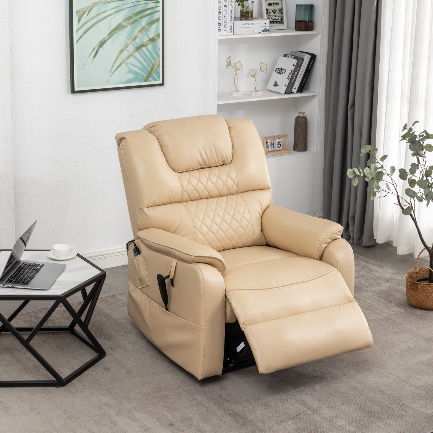 Poltrona reclinabile elettrica in pelle PU beige, massaggio, posizione piatta