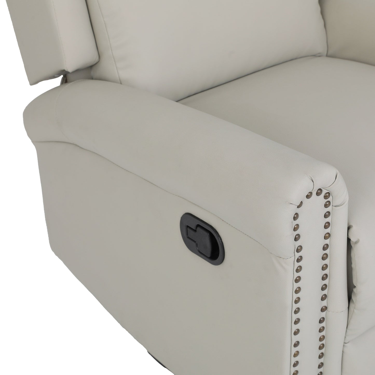 Poltrona reclinabile manuale girevole a 360° rivestita in pelle PU beige con schienale e poggiapiedi regolabili, decorazione con borchie