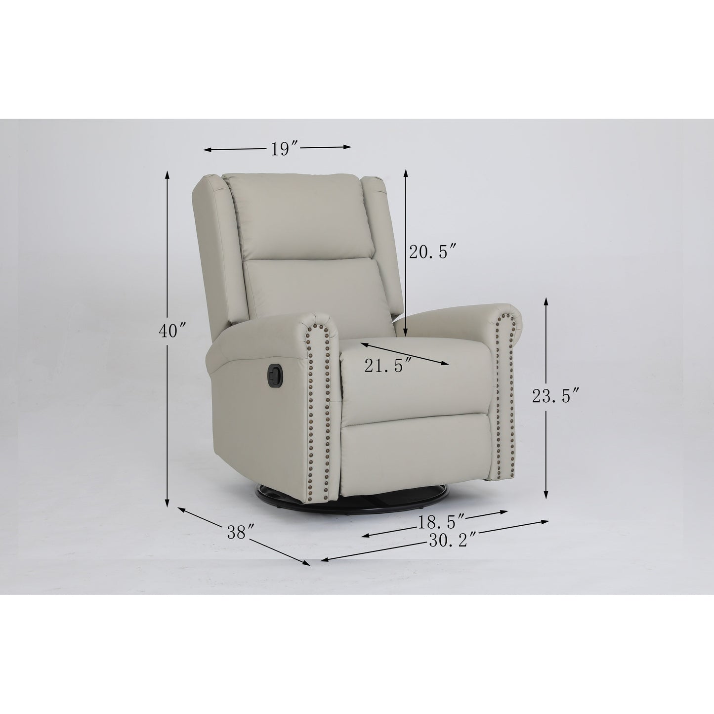 Poltrona reclinabile manuale girevole a 360° rivestita in pelle PU beige con schienale e poggiapiedi regolabili, decorazione con borchie