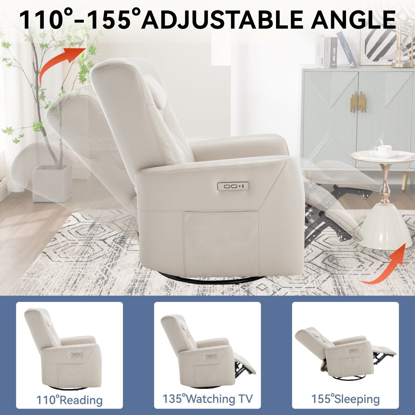 Poltrona reclinabile elettrica beige con movimento girevole, oscillante e cuscino lombare