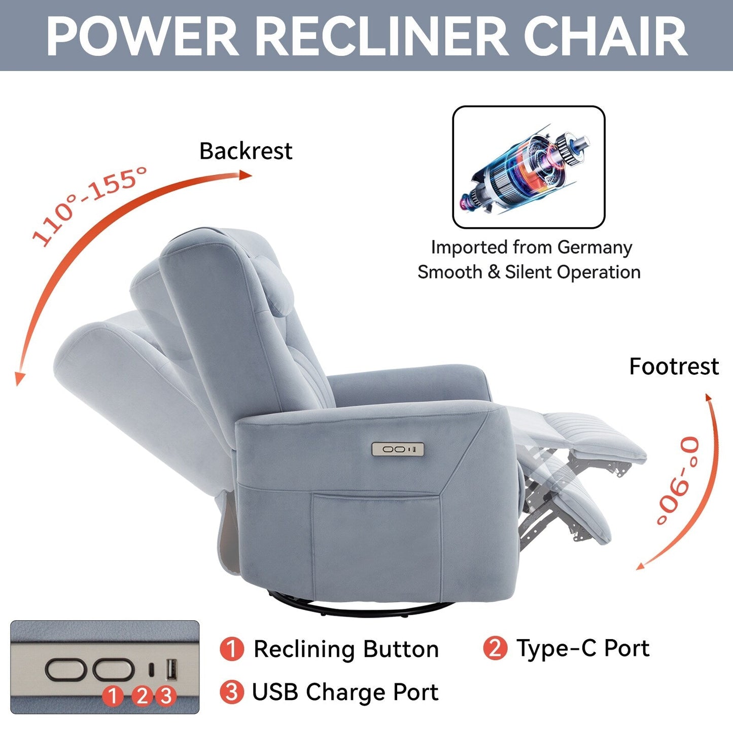 Poltrona reclinabile elettrica beige con movimento girevole, oscillante e cuscino lombare