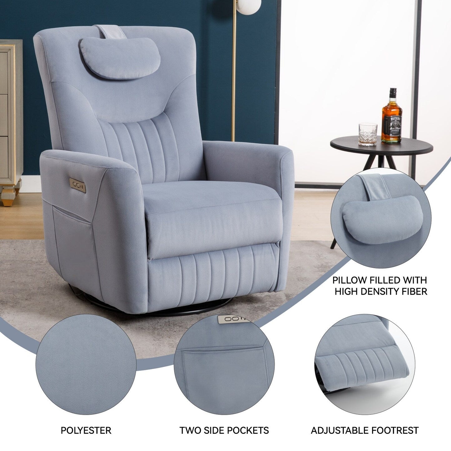 Poltrona reclinabile elettrica beige con movimento girevole, oscillante e cuscino lombare