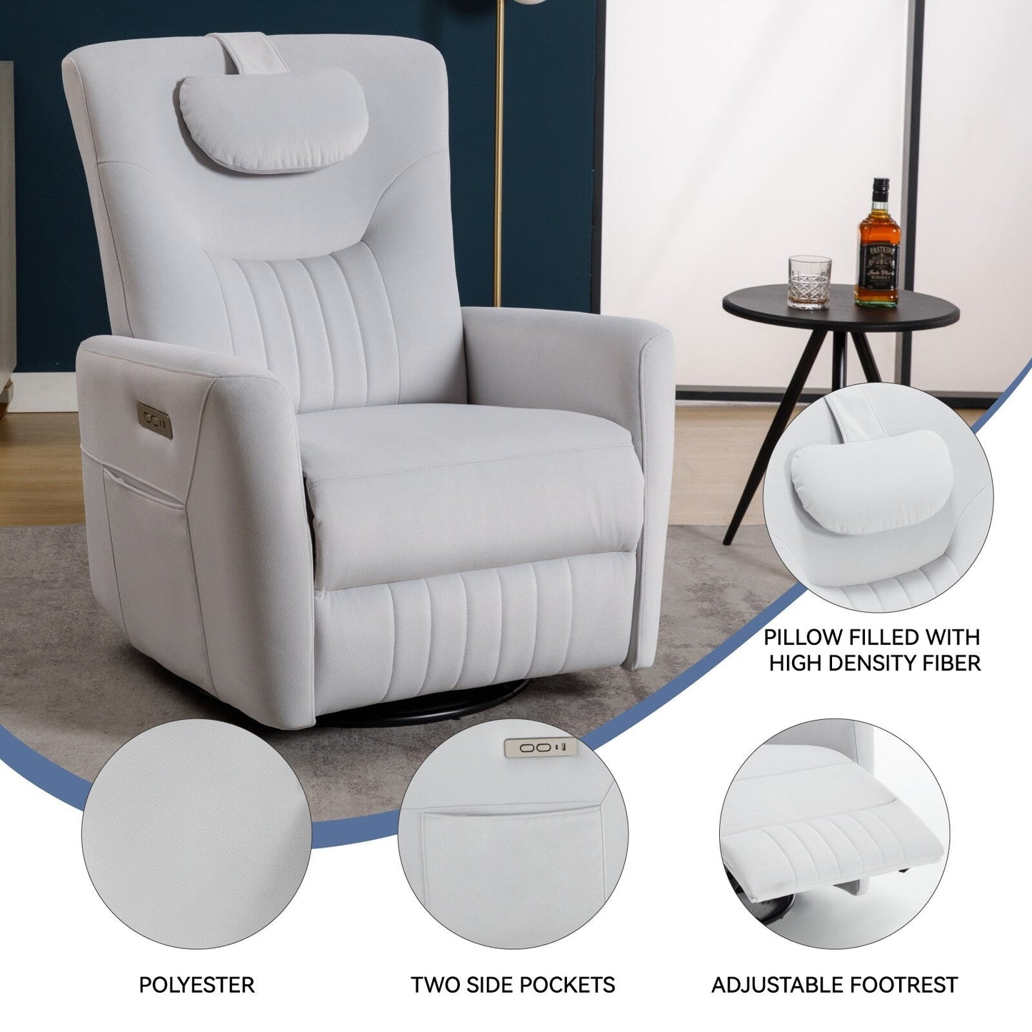 Poltrona reclinabile elettrica beige con movimento girevole, oscillante e cuscino lombare