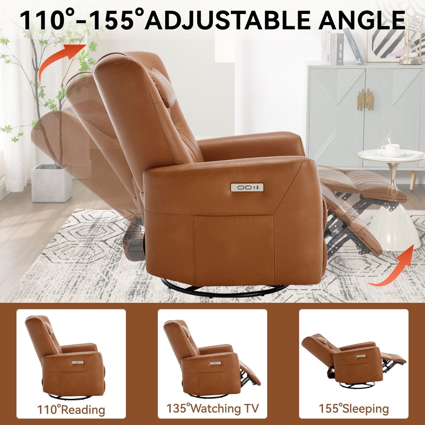 Poltrona reclinabile elettrica beige con movimento girevole, oscillante e cuscino lombare