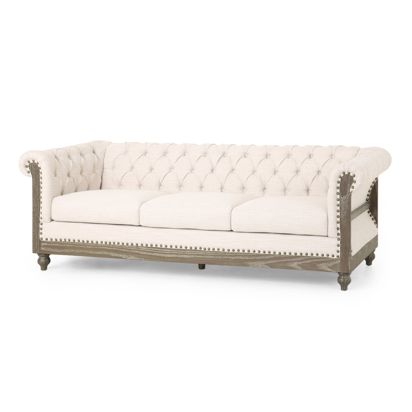 Divano Chesterfield 85.5 in stile retrò beige con bottoni trapuntati e gambe in legno per soggiorno