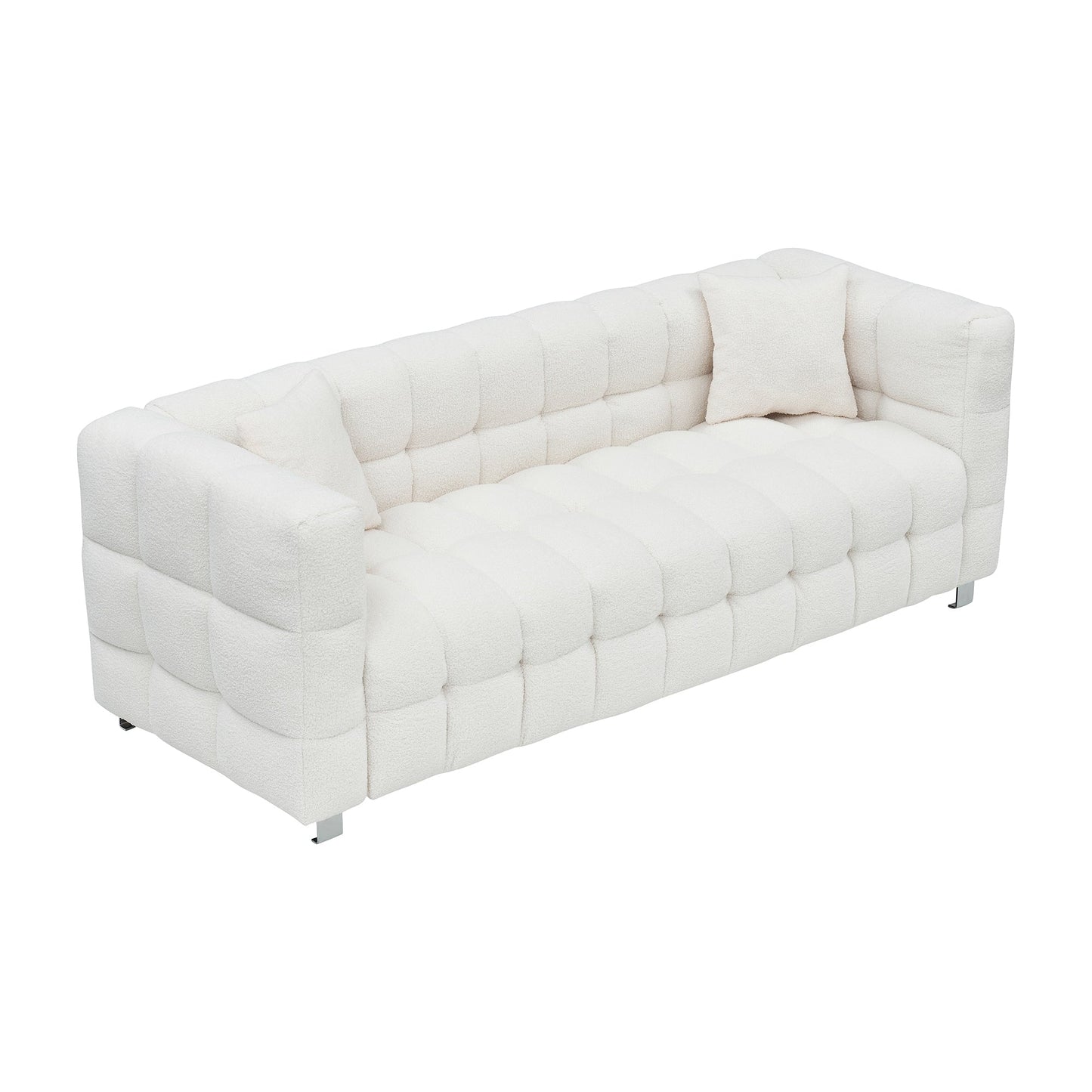 Divano Teddy beige a 3 posti con due cuscini decorativi