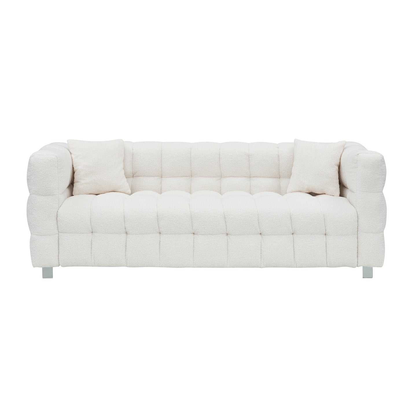 Divano Teddy beige a 3 posti con due cuscini decorativi