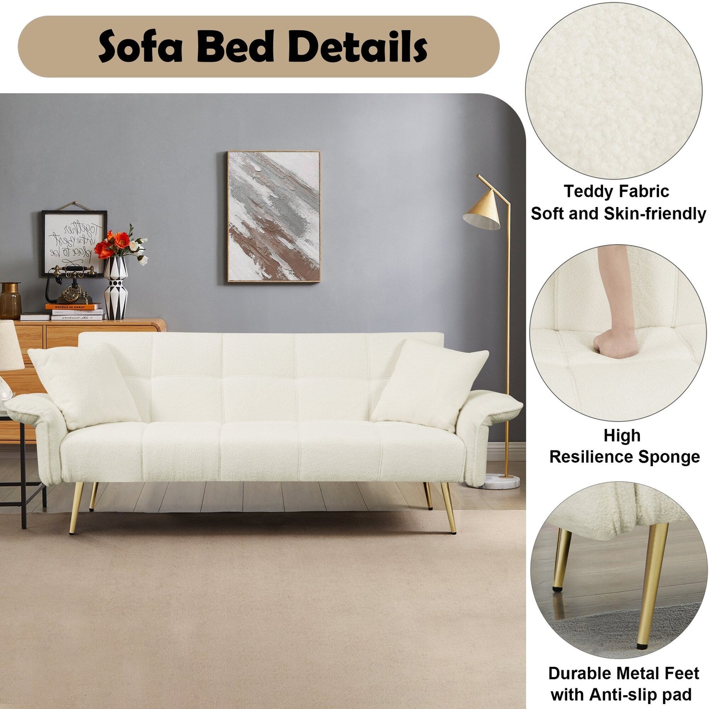 Divano letto futon convertibile in pile beige