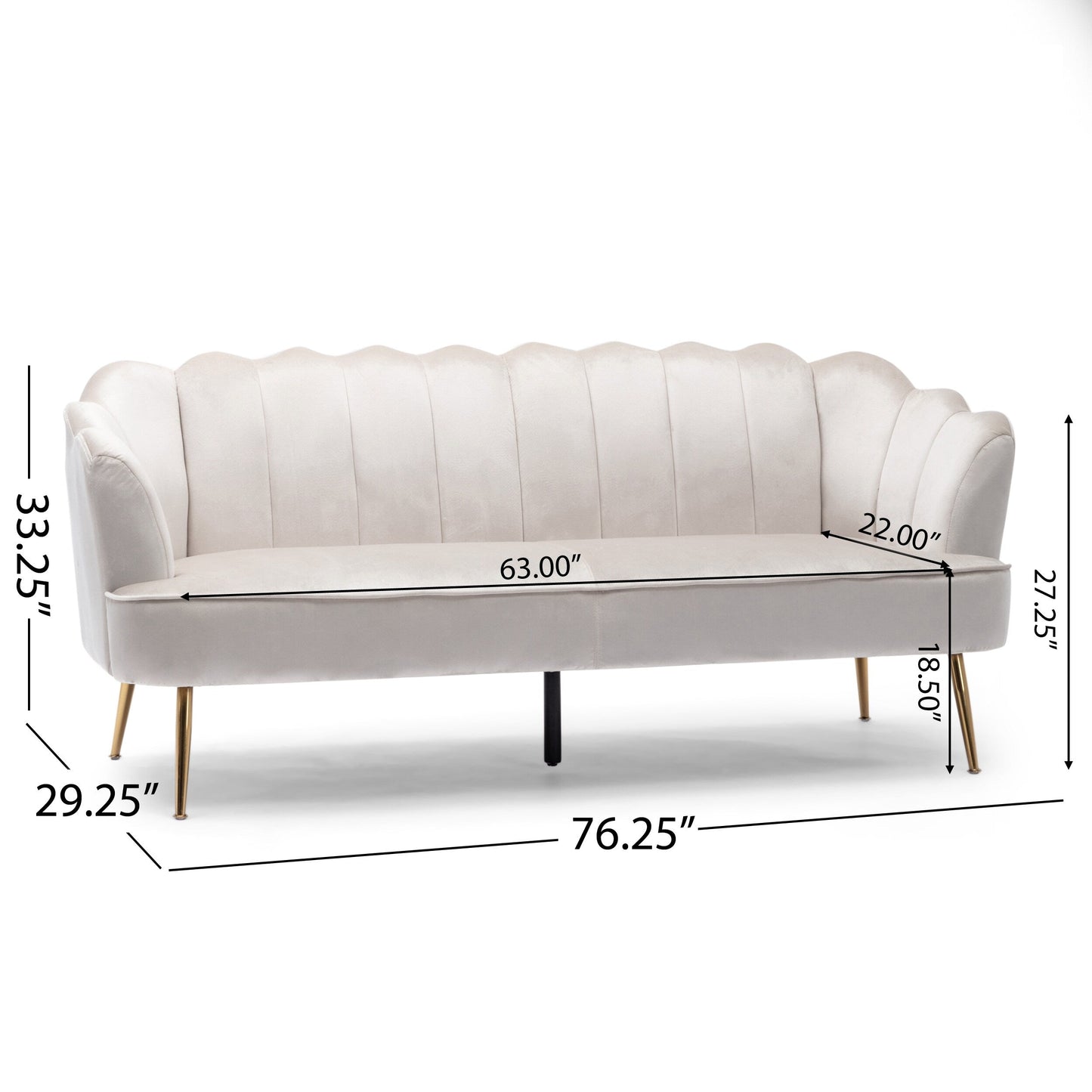 Divano a 3 posti in velluto beige con cuciture a canale e gambe in metallo