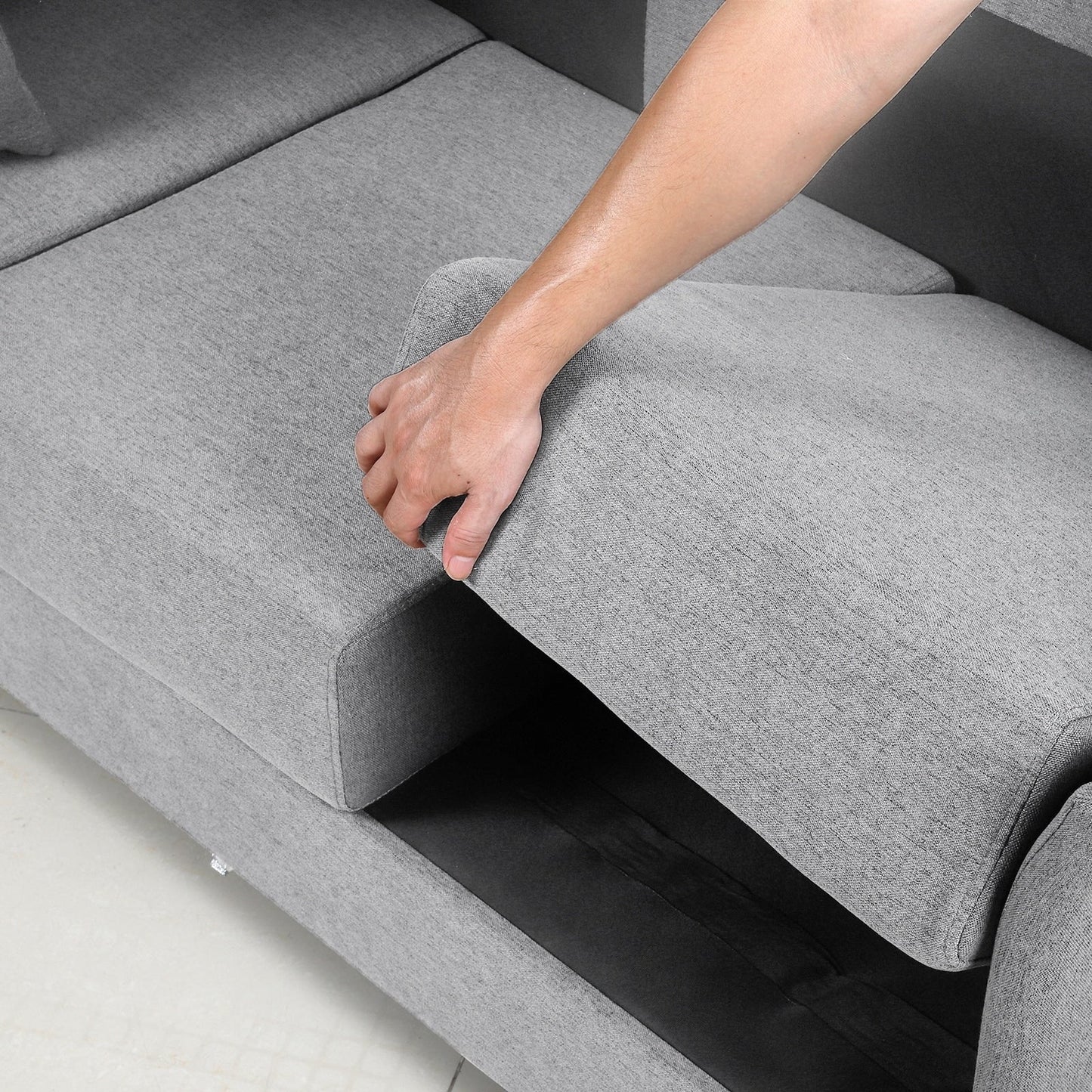 Divano staccabile a 3 posti in lino beige+grigio con struttura in metallo